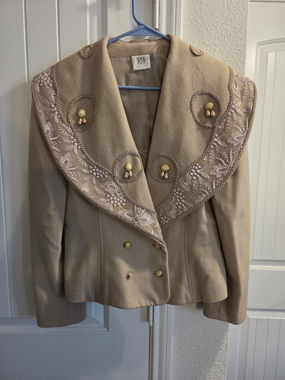 Embellished Taupe Women's Jacket with Statement Collar